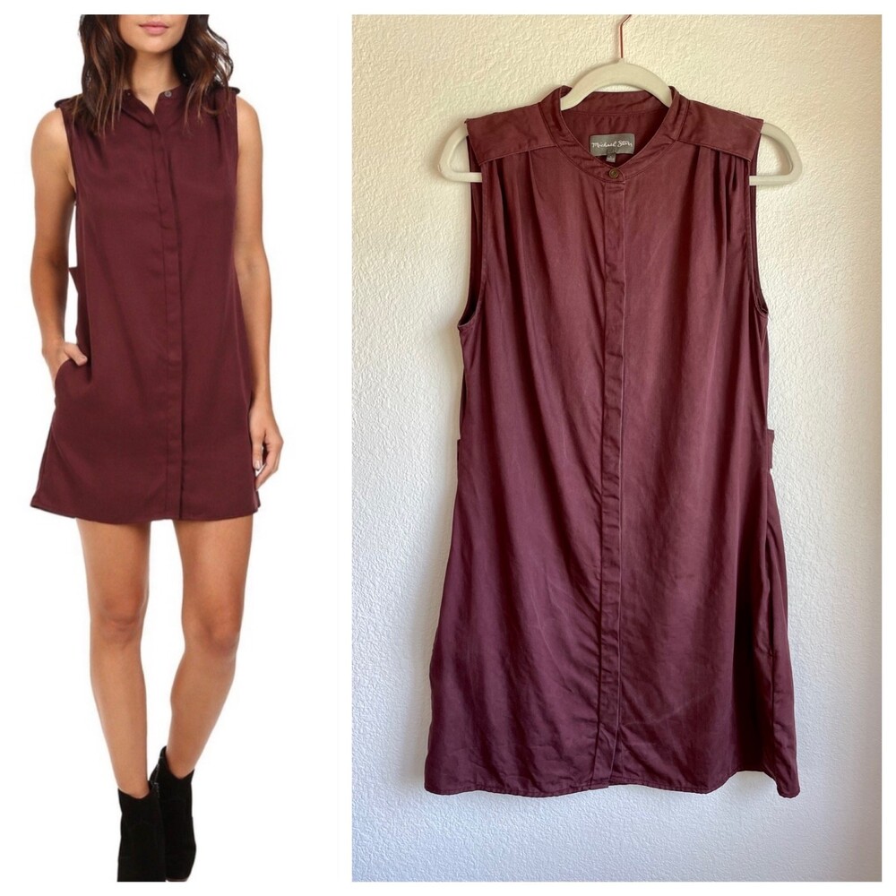 Michael Stars Rosewood Sleeveless Shirt Dress Band Collar L Burgundy Minimalist